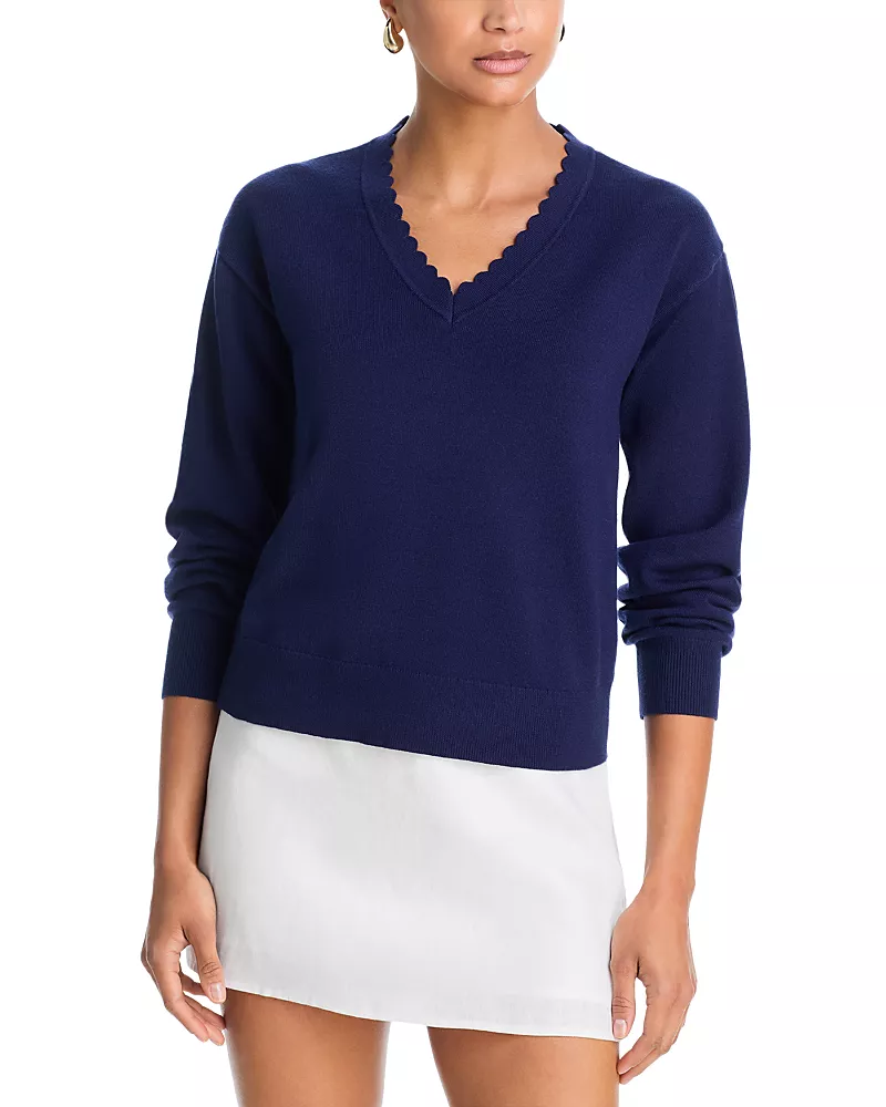 Aqua Scalloped V Neck Sweater - Exclusive