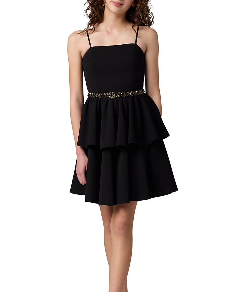 Un Deux Trois Girls' Tiered Dress with Rhinestone Belt - Big Kid