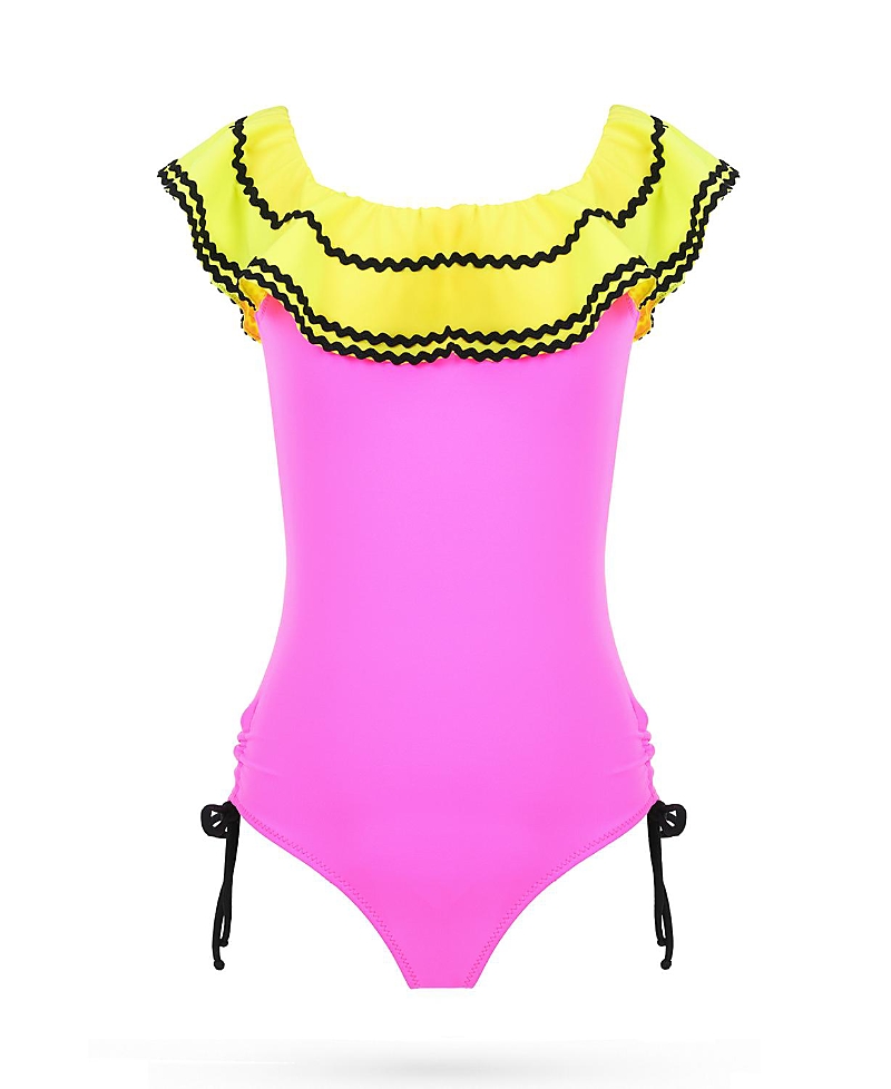 Nessi Byrd Girls' Vibrant Ruffle Ruched Side Ties One-Piece Swimsuit- Little Kid, Big Kid