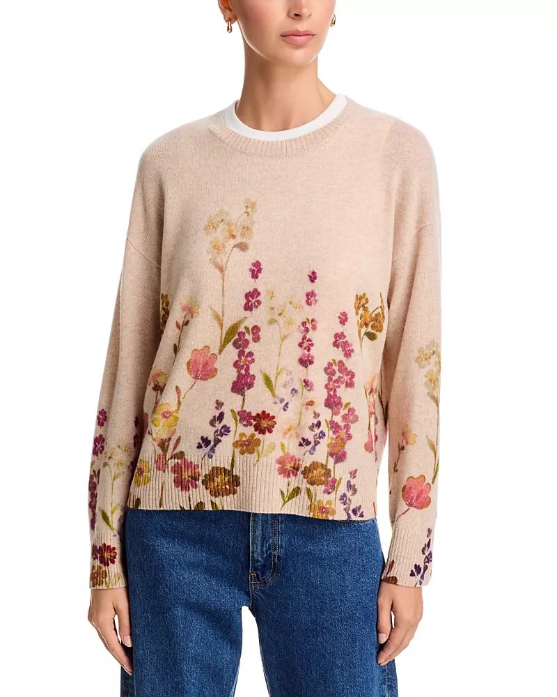 C by Bloomingdale's Cashmere Floral Print Crewneck Cashmere Sweater, Exclusive