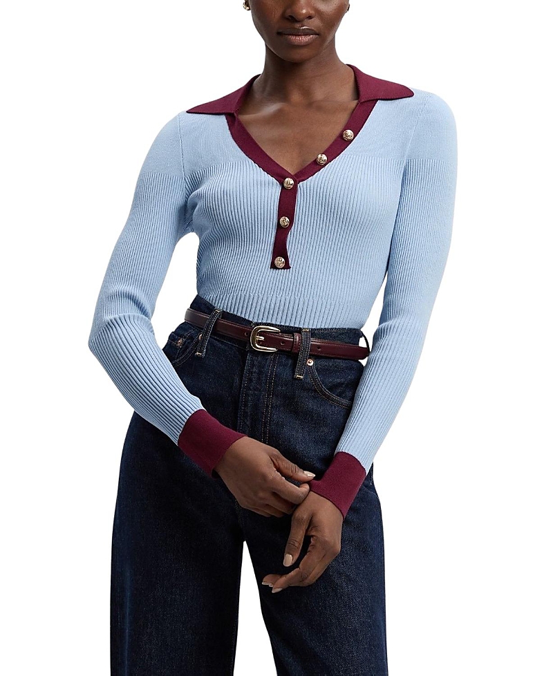 Karen Millen Rib Knit Contrast Hem Collared Top