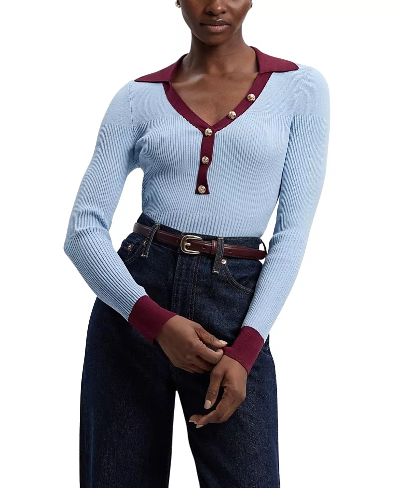 Karen Millen Rib Knit Contrast Hem Collared Top