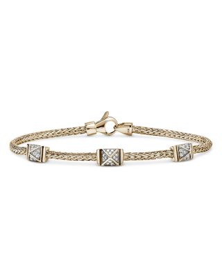 14K Yellow Gold Icon Diamond Pyramid Cluster Stud Woven Link Bracelet, 0.21 tcw