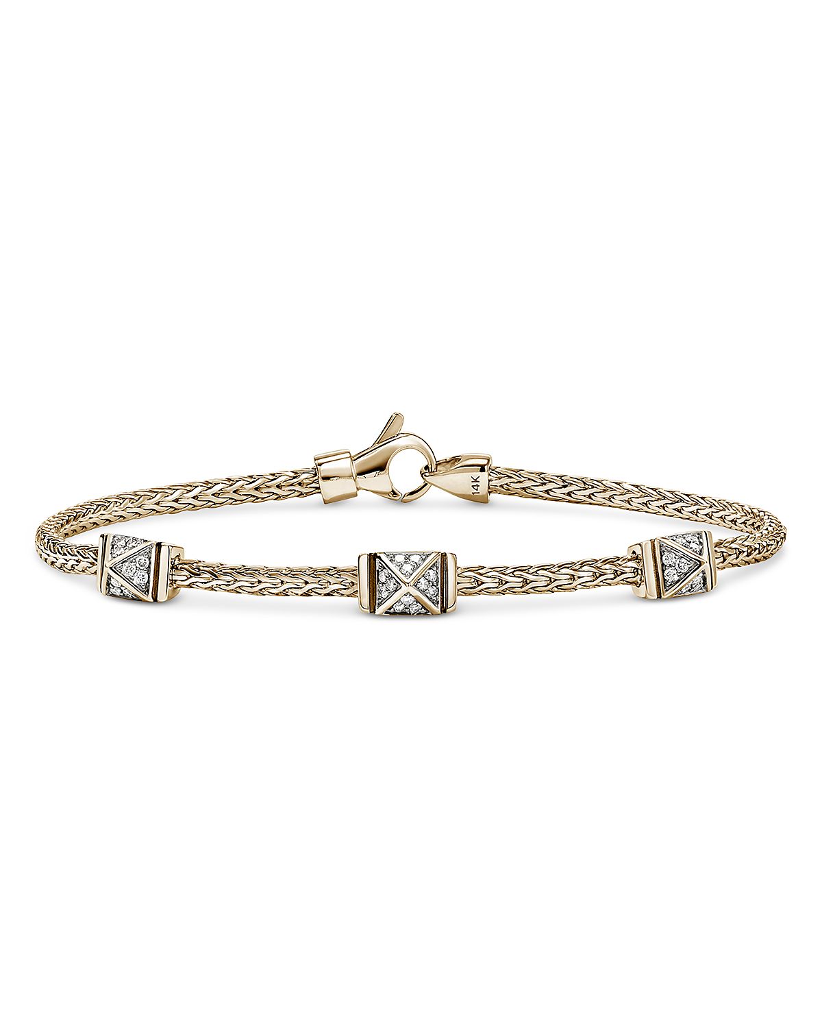 John Hardy 14K Yellow Gold Icon Diamond Pyramid Cluster Stud Woven Link Bracelet, 0.21 tcw