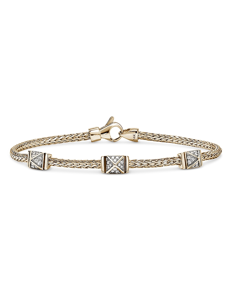 John Hardy 14K Yellow Gold Icon Diamond Pyramid Cluster Stud Woven Link Bracelet, 0.21 tcw