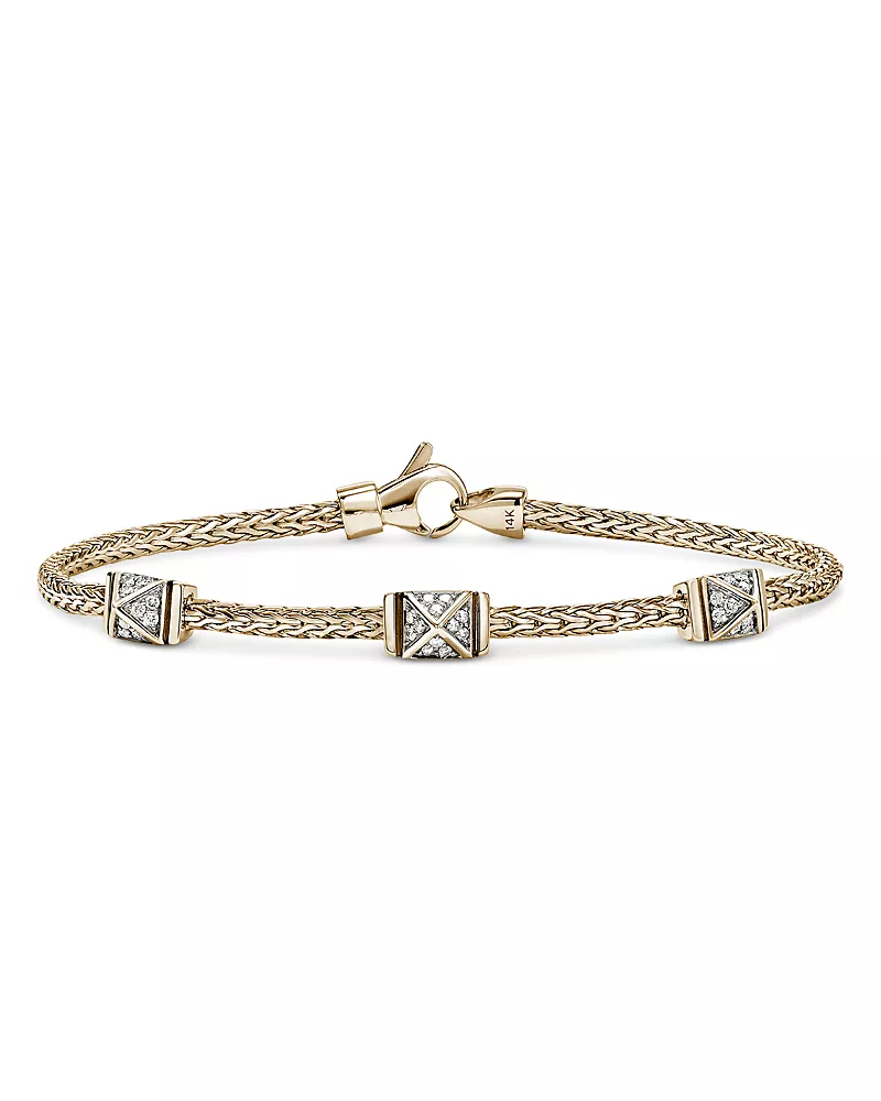 John Hardy 14K Yellow Gold Icon Diamond Pyramid Cluster Stud Woven Link Bracelet, 0.21 tcw