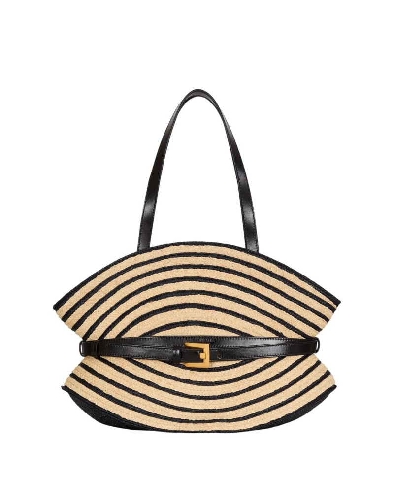 Balmain Medium Shuffle Bag in Smooth Leather and Two-Tone Raffia in Beige