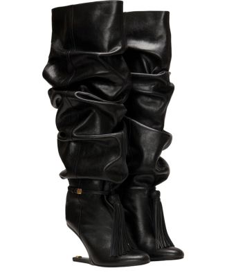  Women's No Wedge Textured Leather Thigh-High Boots with Tassel