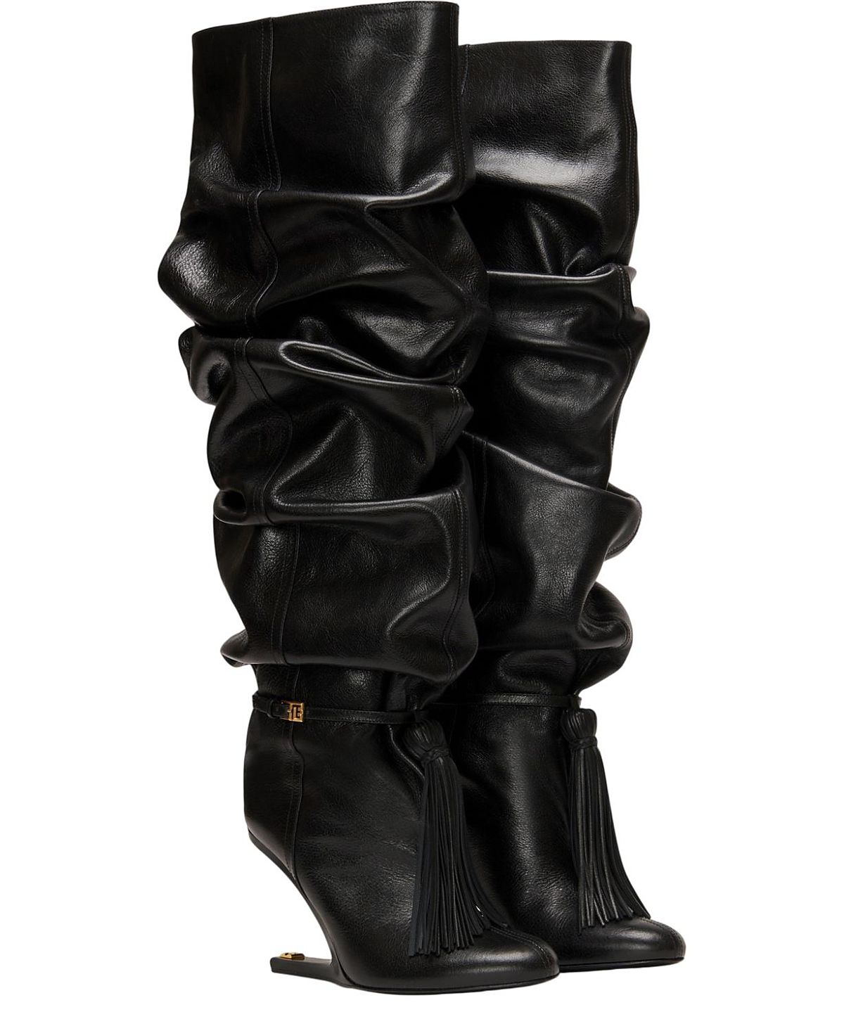 Balmain Women's No Wedge Textured Leather Thigh-High Boots with Tassel