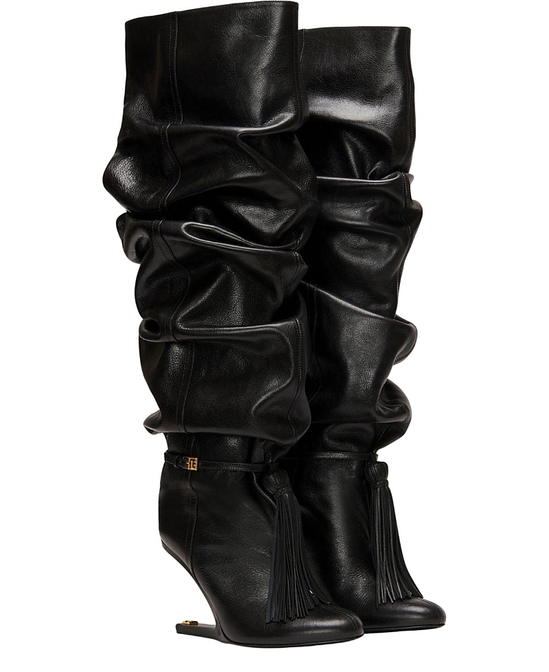Balmain Women's No Wedge Textured Leather Thigh-High Boots with Tassel