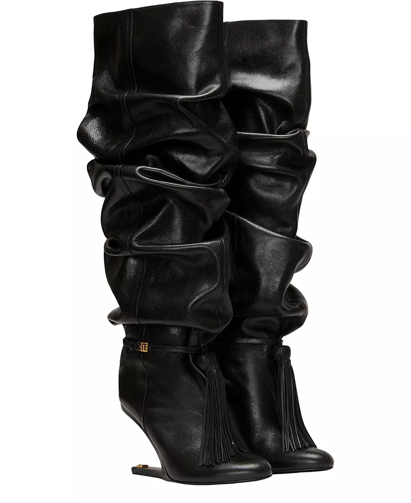 Balmain Women's No Wedge Textured Leather Thigh-High Boots with Tassel