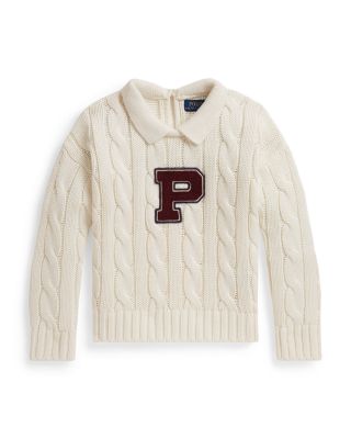 Girls' Cable Knit Letterman Cotton Sweater - Little Kid, Big Kid
