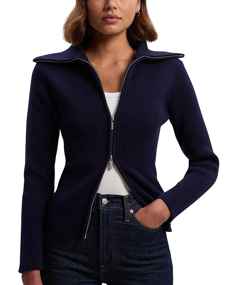 Karen Millen Cotton Zip Through Collar Knit Cardigan