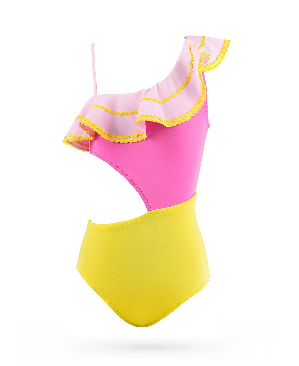 Nessi Byrd Girls' One-Shoulder Ruffle Cut-Out with Ric-Rac Trim One-Piece Swimsuit - Little Kid, Big Kid