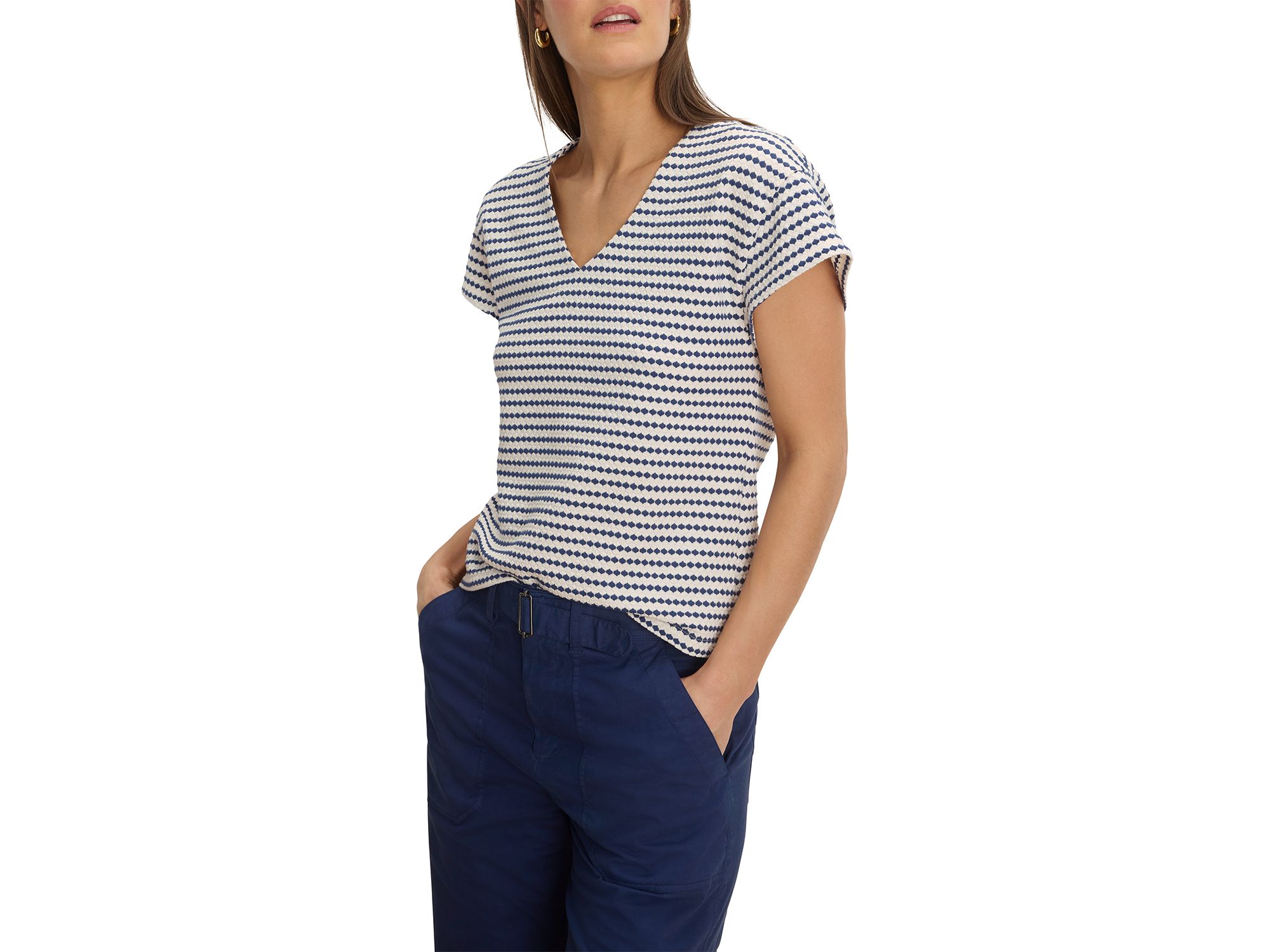 Cotton Blend Jacquard V Neck Top - Image 1