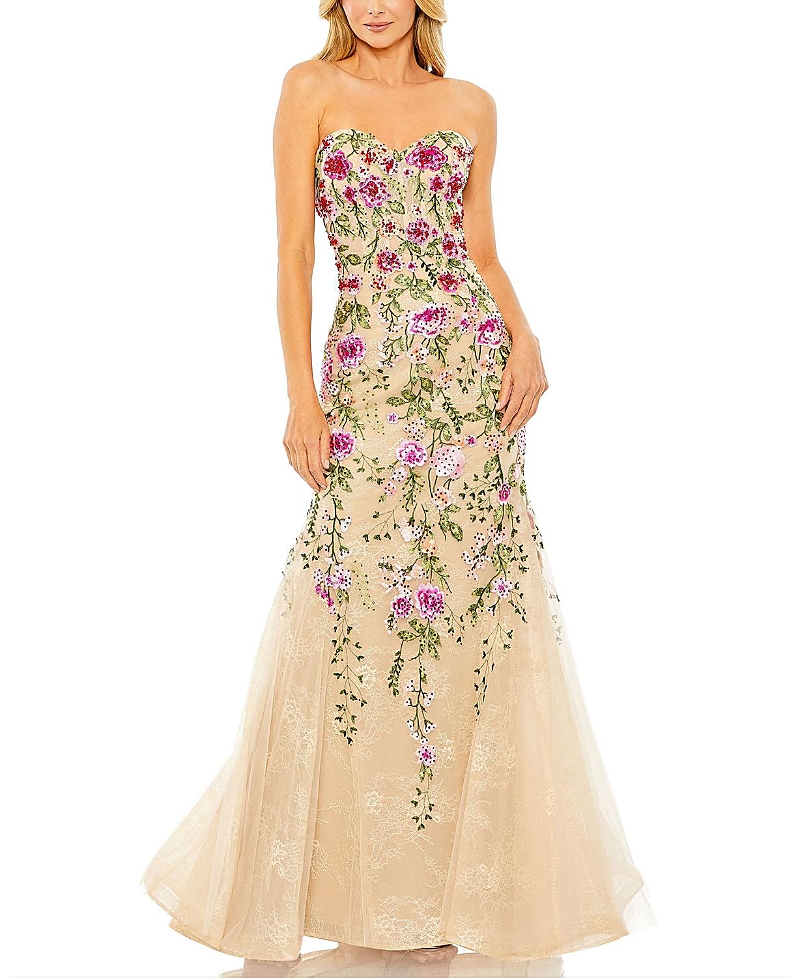 Mac Duggal Strapless Sheer Bustier Embroidered Mermaid Gown