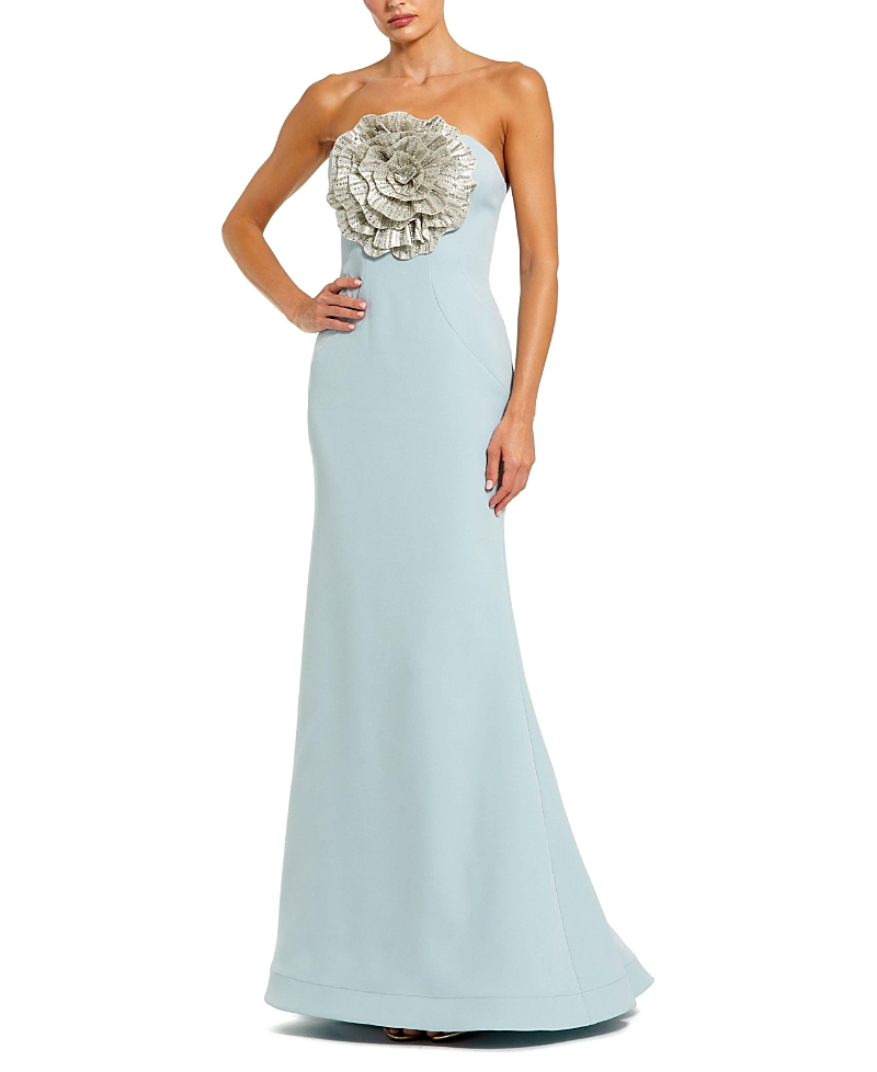 Mac Duggal Crepe Strapless Gown With 3D Rhinestone Flower