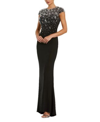  Crystal Embellished Jersey Fitted Cap Sleeve Gown