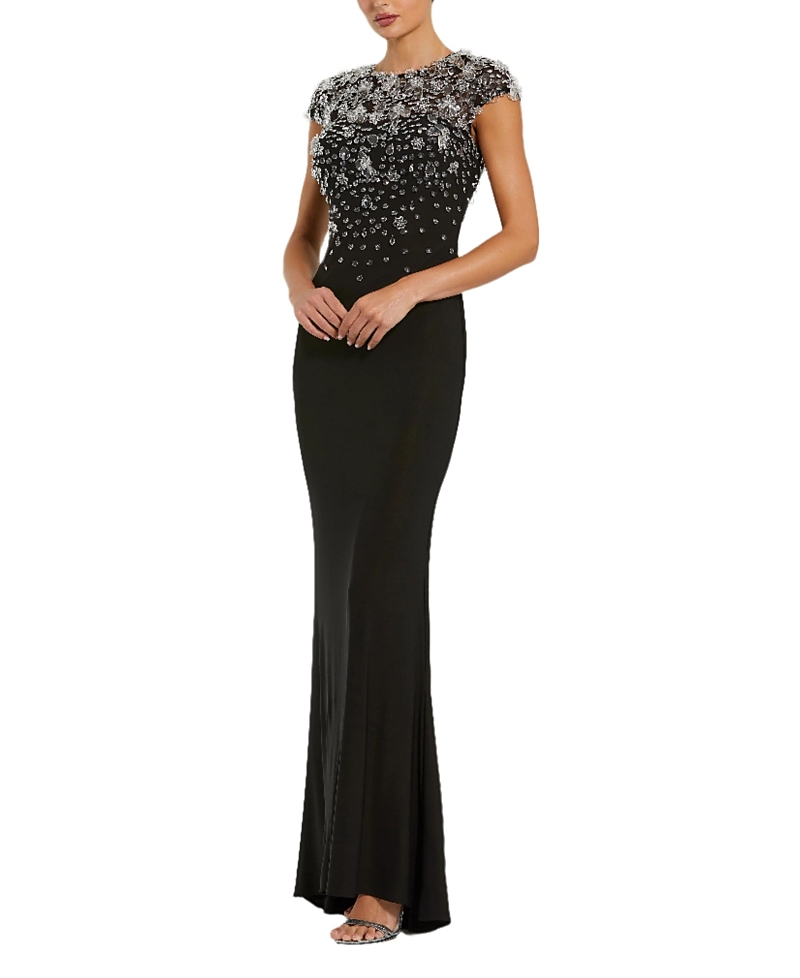 Mac Duggal Crystal Embellished Jersey Fitted Cap Sleeve Gown