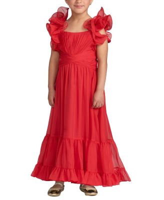Mac Duggal Girls' Floral Chiffon Ruffle Shoulder Dress - Little Kid, Big Kid