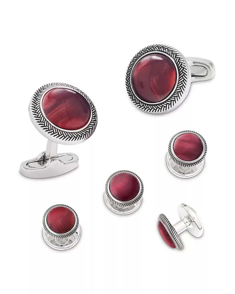 Jan Leslie Burgundy Stone Antique Border Cufflink & Tuxedo Stud Set