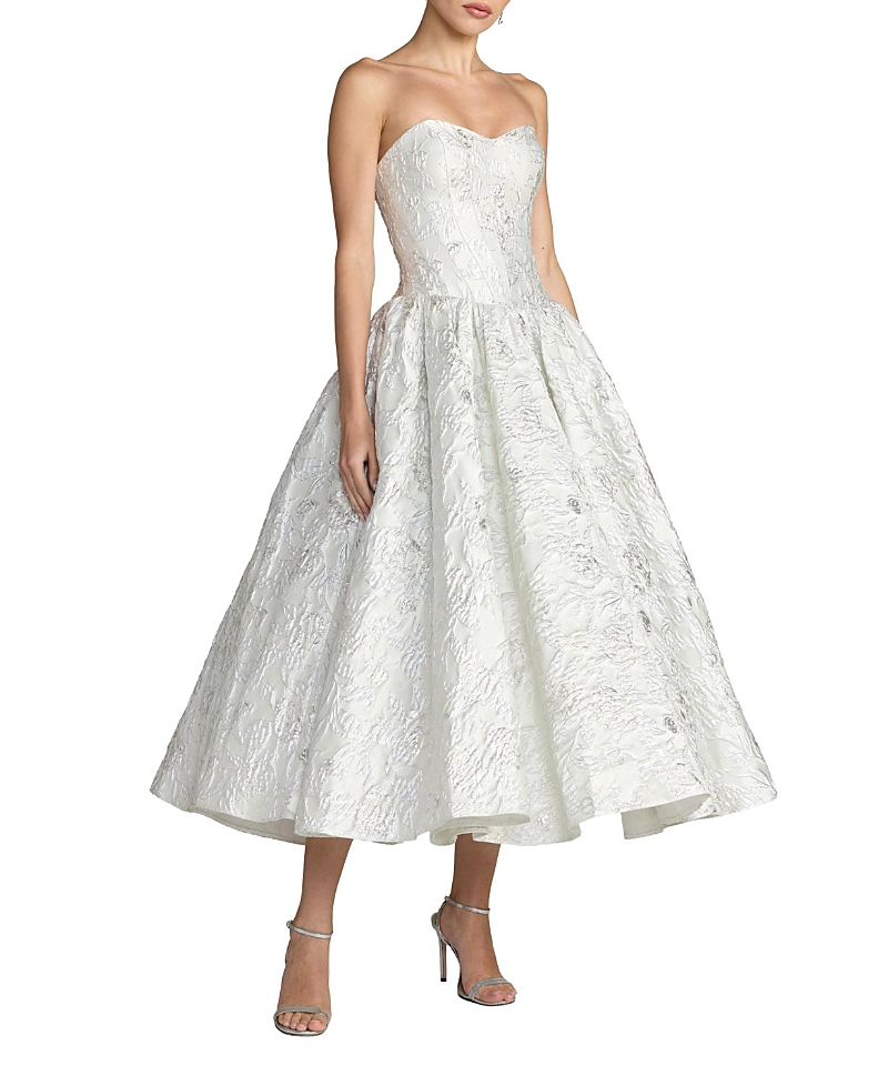 Mac Duggal Brocade Strapless Dropwaist Midi Dress