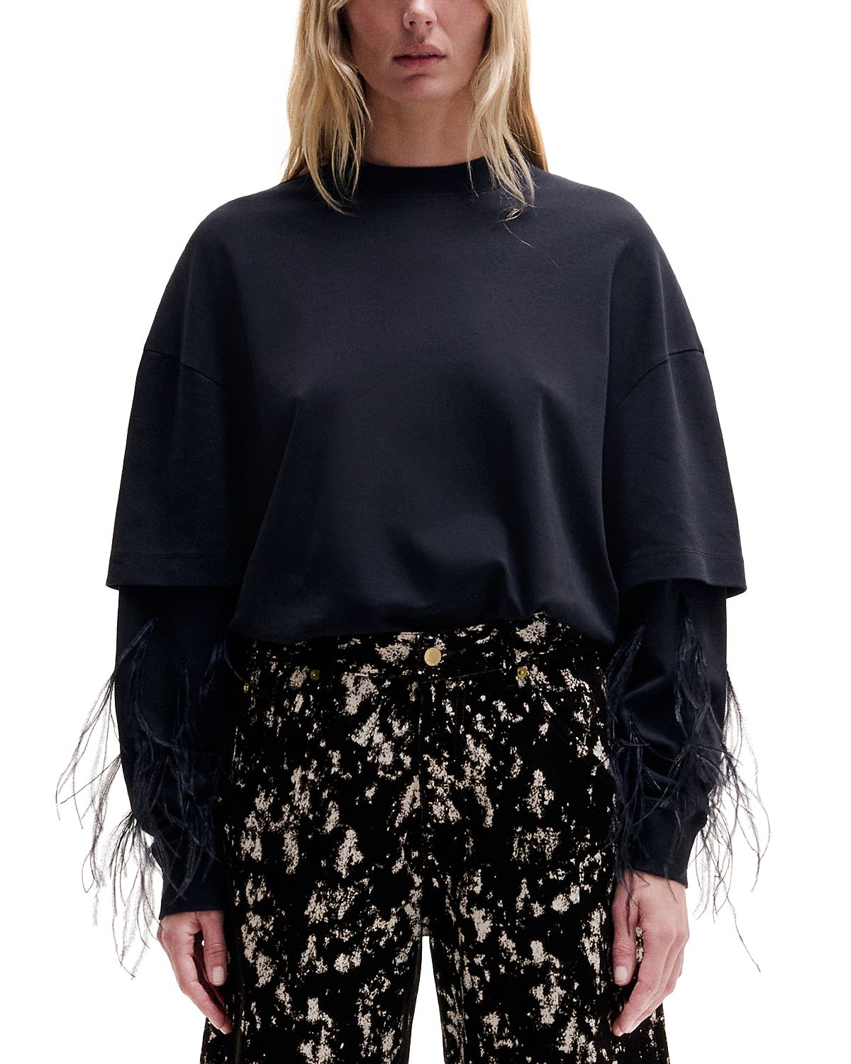 Darkpark Double Sleeve Feather Trim Top