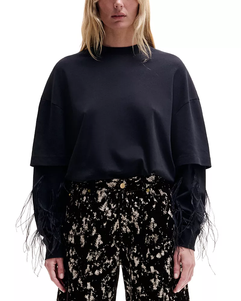 Darkpark Double Sleeve Feather Trim Top