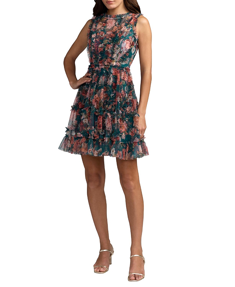Mac Duggal Mesh Micro Ruffle High Neck Mini Dress