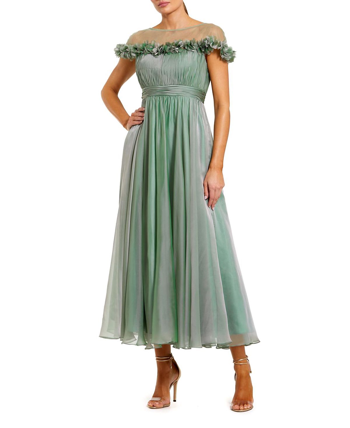 Mac Duggal Chiffon Illusion Neck Midi Dress with 3D Flowers