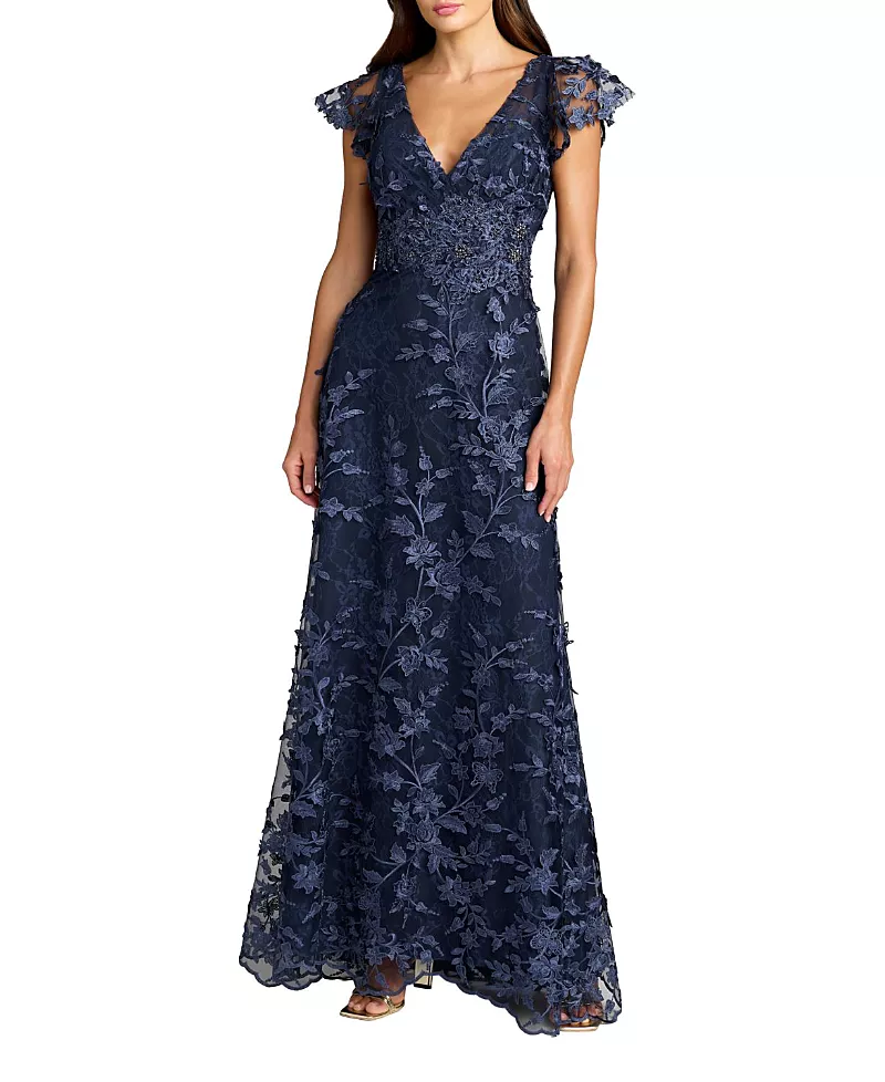 Mac Duggal Petite Floral Embroidered Lace Flutter Sleeve Gown