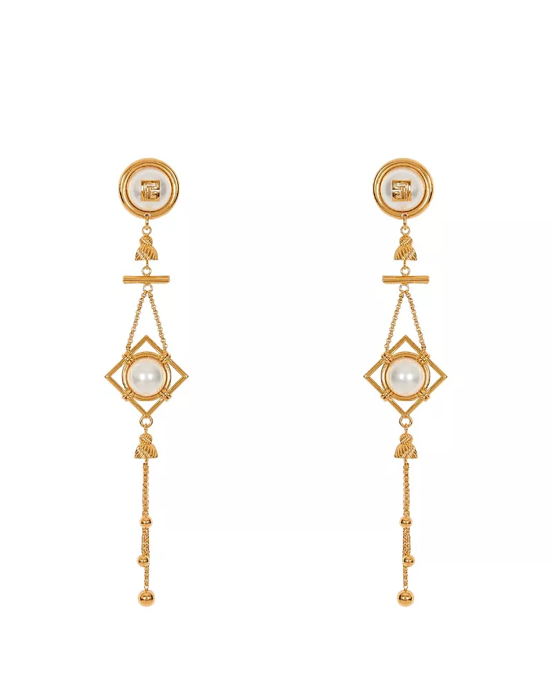 Balmain Brass and Pearl Pendant Earrings