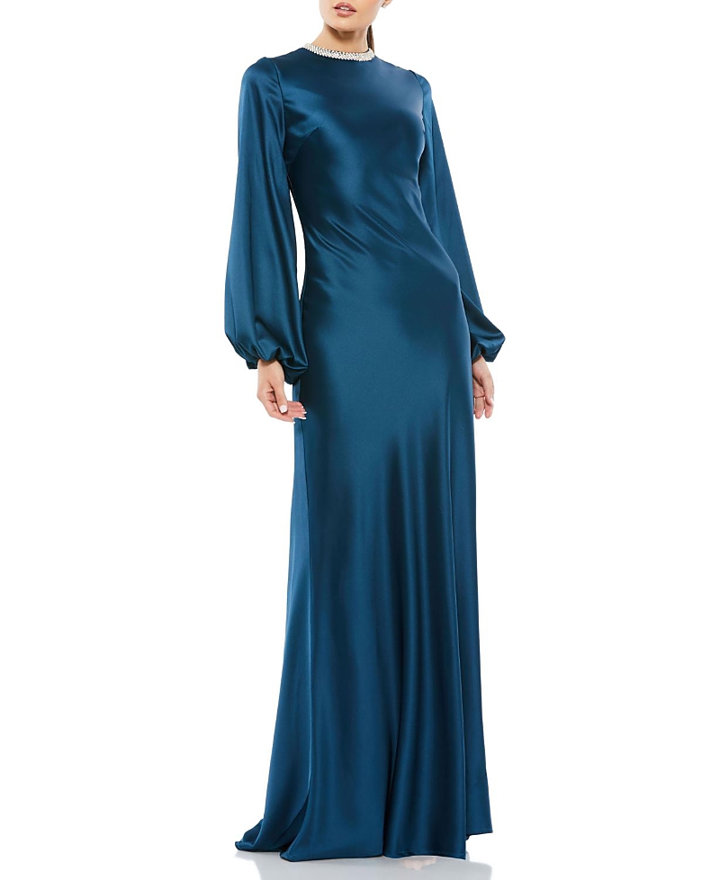 Mac Duggal Petite Beaded High Neck Bishop Sleeve Satin Gown