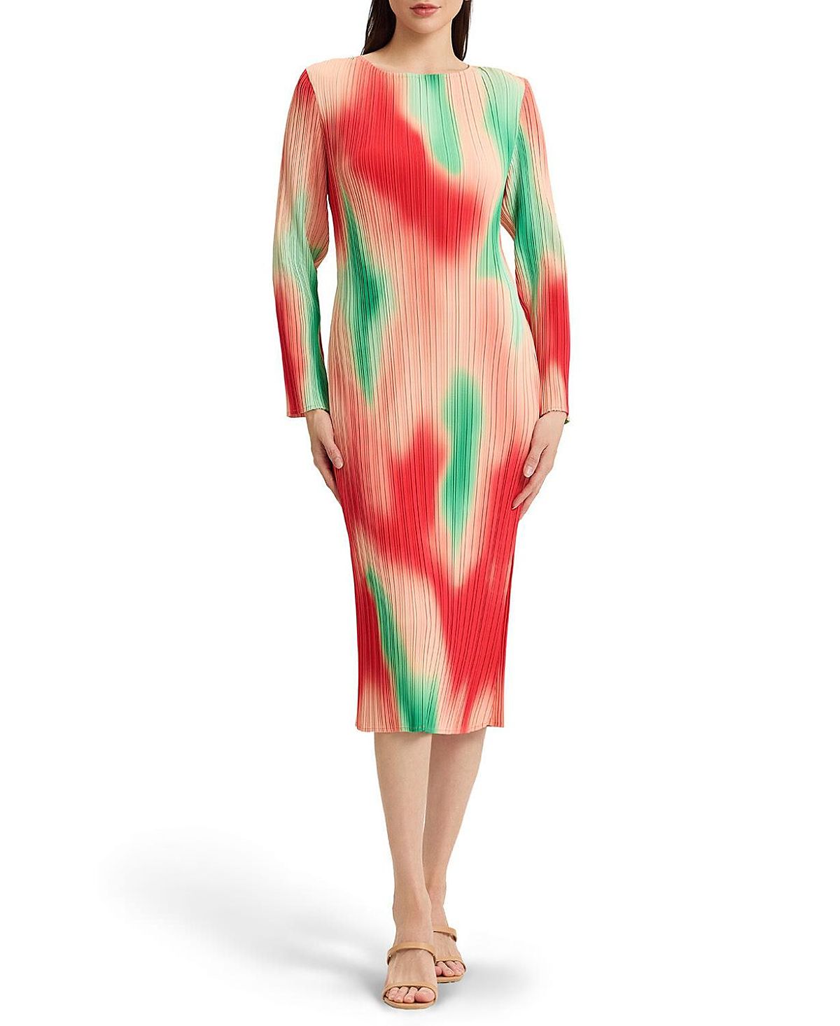 Misook Micro Pleated Print Crepe Midi Dress