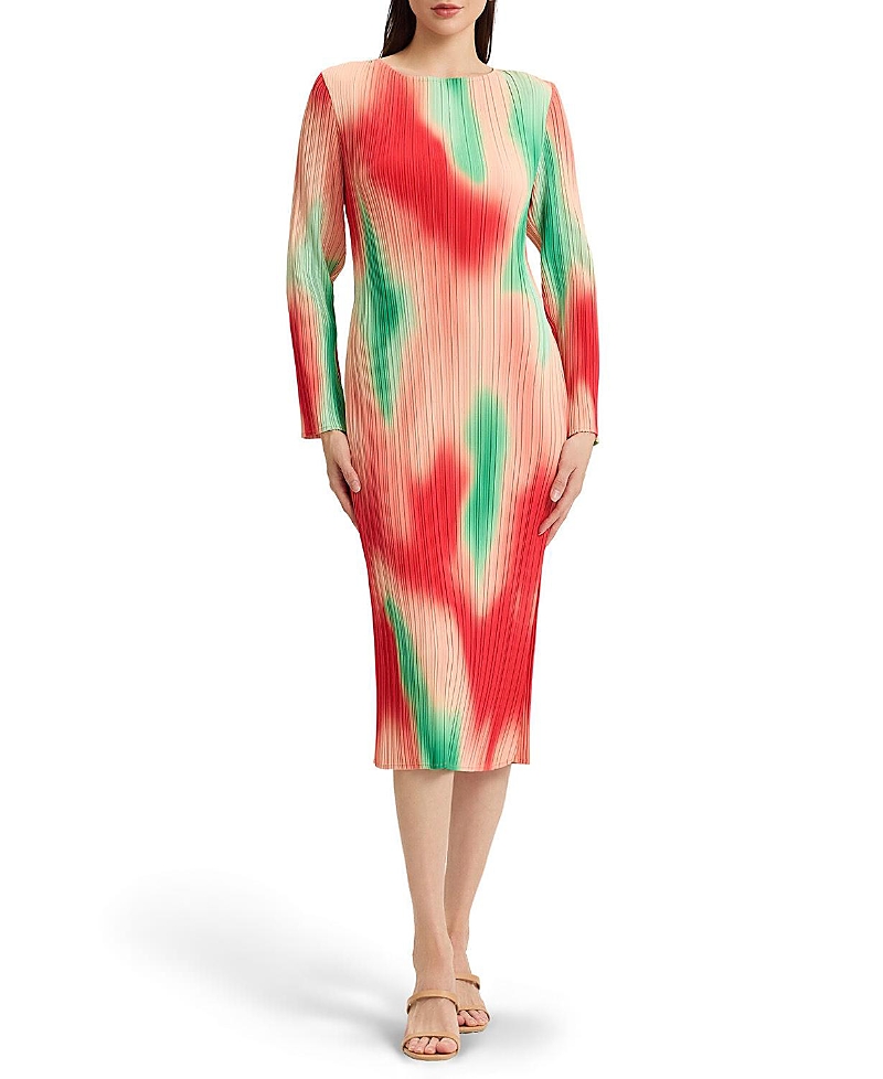 Misook Micro Pleated Print Crepe Midi Dress