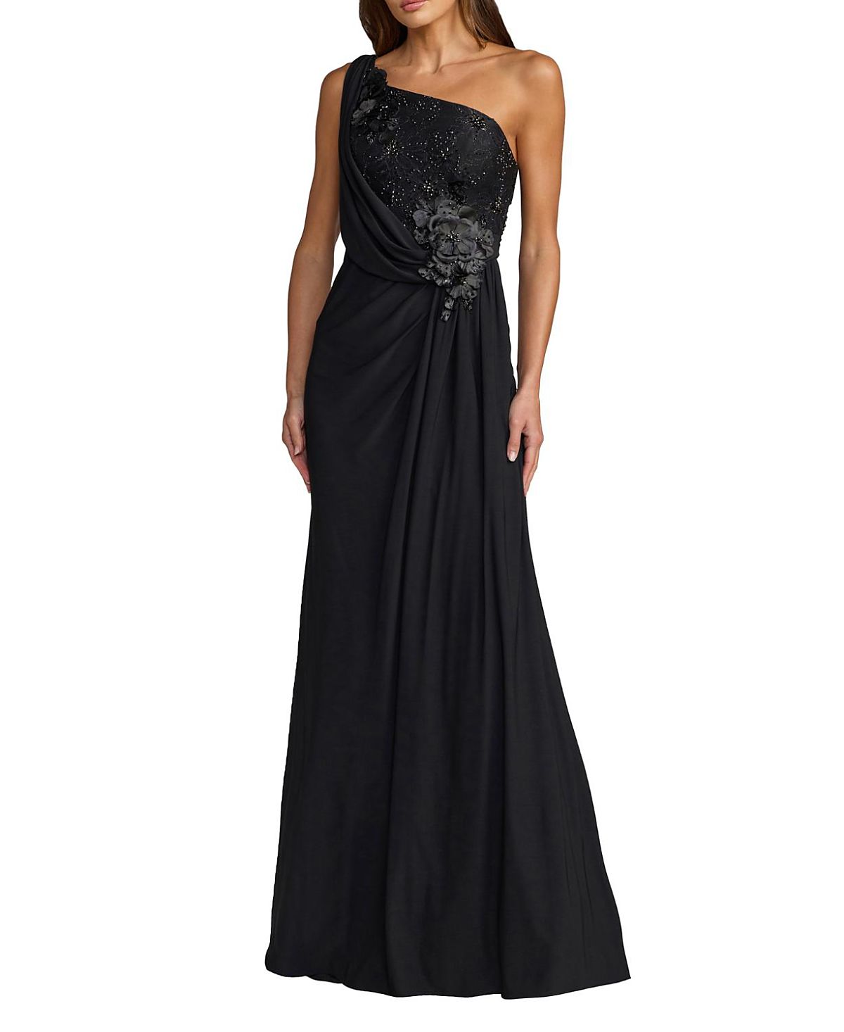 Mac Duggal Jersey One Shoulder Cowl Gown With 3D Flowers