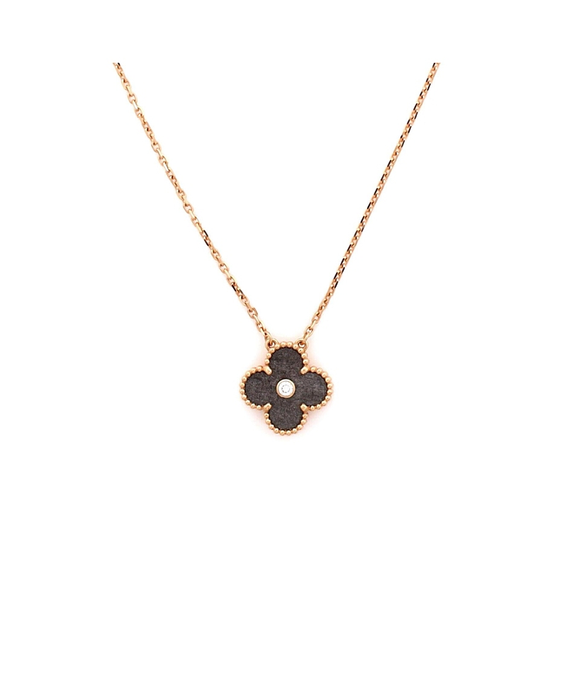 Pre-Owned Van Cleef & Arpels Vintage Alhambra Pendant Necklace 18K Rose Gold and Silver Obsidian with Diamond, 16.5