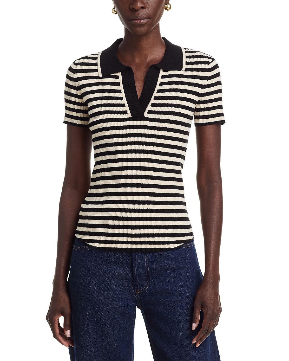 T Tahari Open Polo Collar Stripe Sweater