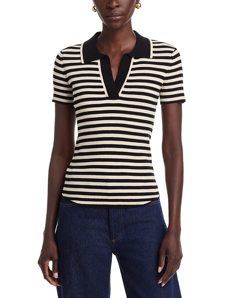T Tahari Open Polo Collar Stripe Sweater
