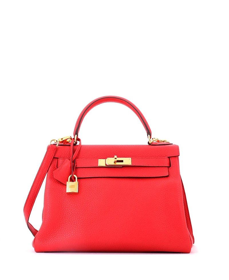 Pre-Owned HERMES Kelly 28 Handbag Red Clemence with Gold Hardware