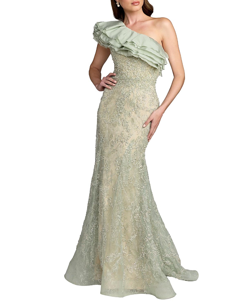 Mac Duggal Embroidered Organza One Shoulder Beaded Gown