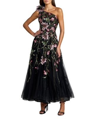  Embroidered Floral One Shoulder A-Line Dress