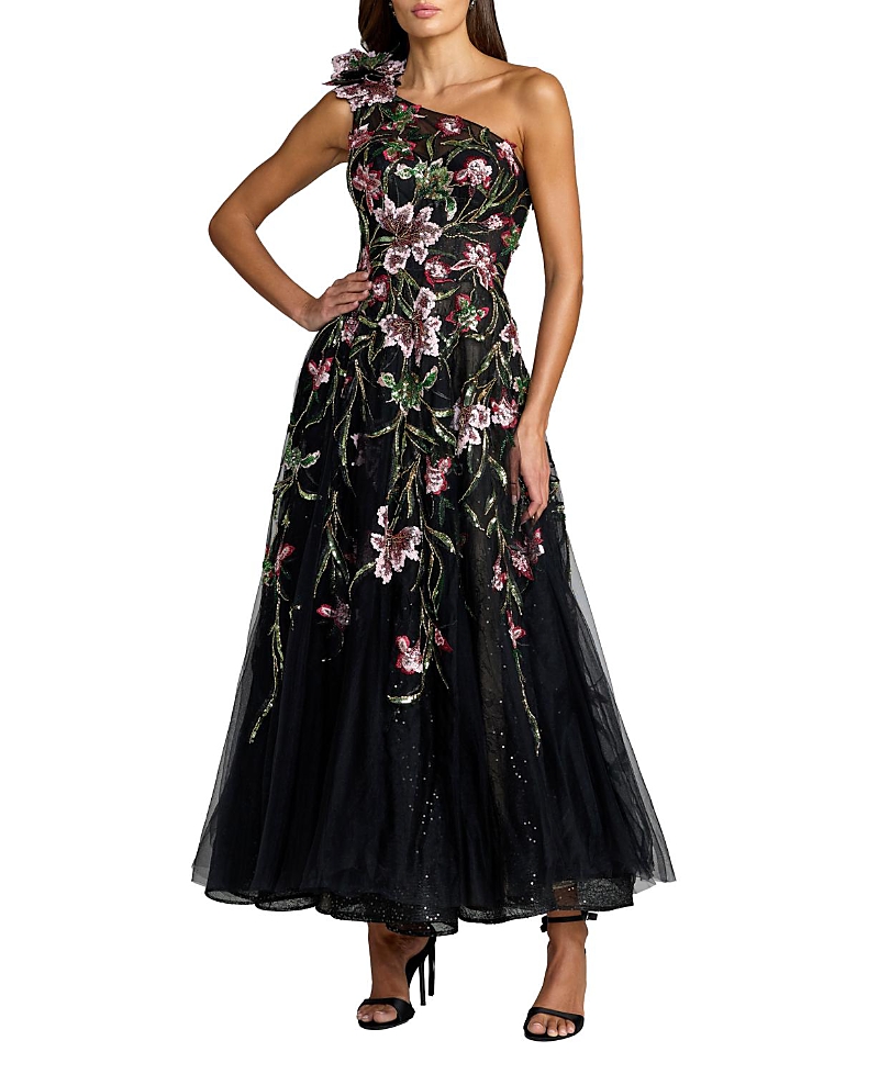 Mac Duggal Embroidered Floral One Shoulder A-Line Dress