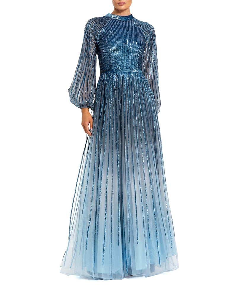 Mac Duggal Petite Ombre Beaded Bishop Sleeve A-Line Gown