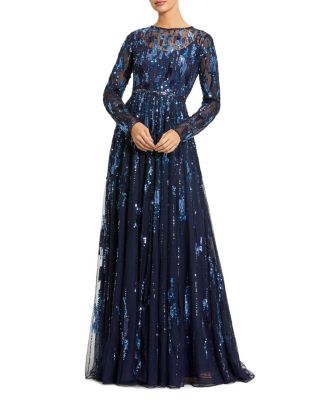  Long Sleeve Mesh Embellished Gown