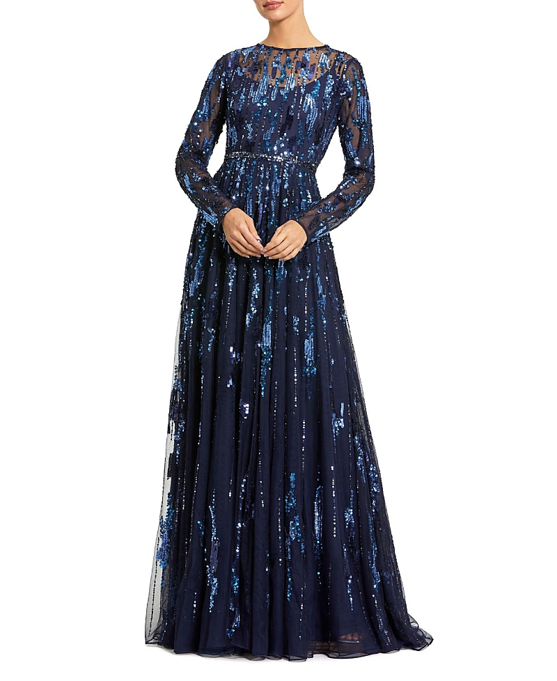 Mac Duggal Long Sleeve Mesh Embellished Gown