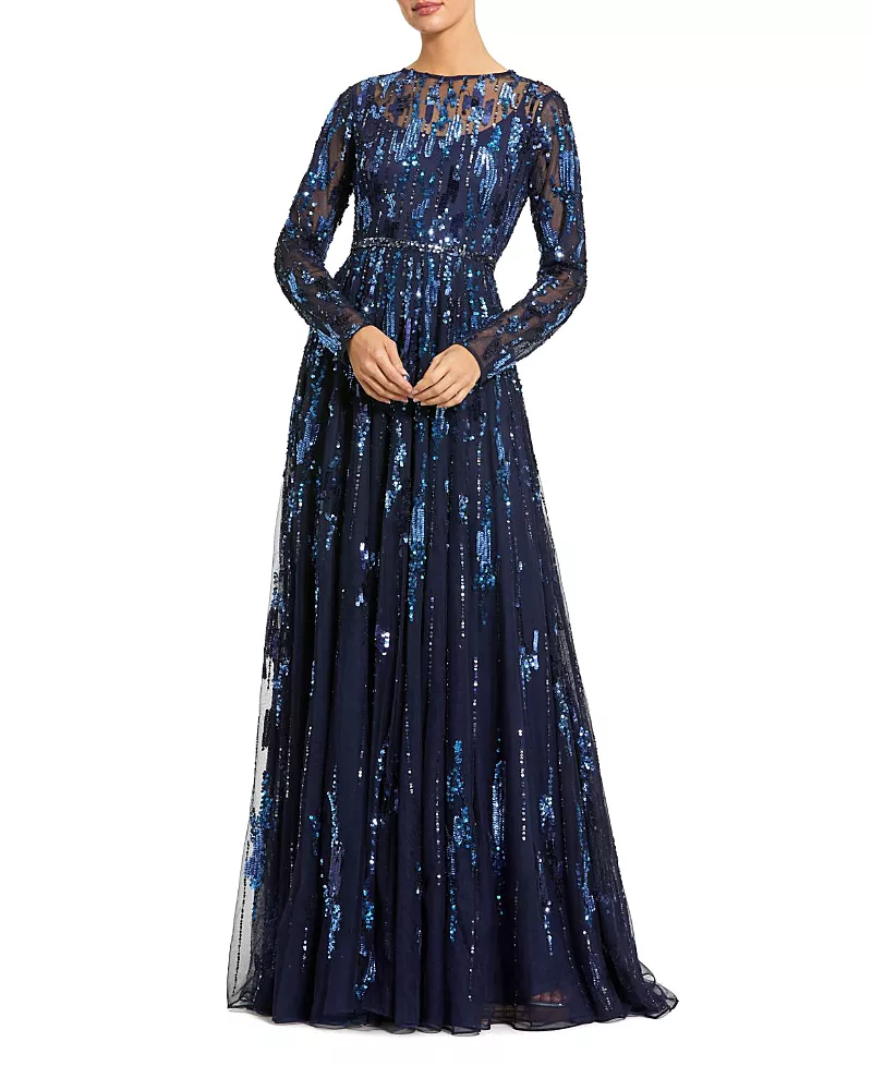 Mac Duggal Long Sleeve Mesh Embellished Gown