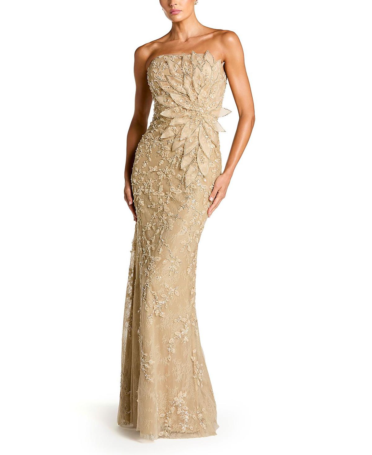 Mac Duggal Petite Beaded Mermaid Gown with 3D Flowers