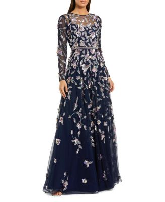  Petite Long Sleeve Mesh Gown with Beaded Floral Applique