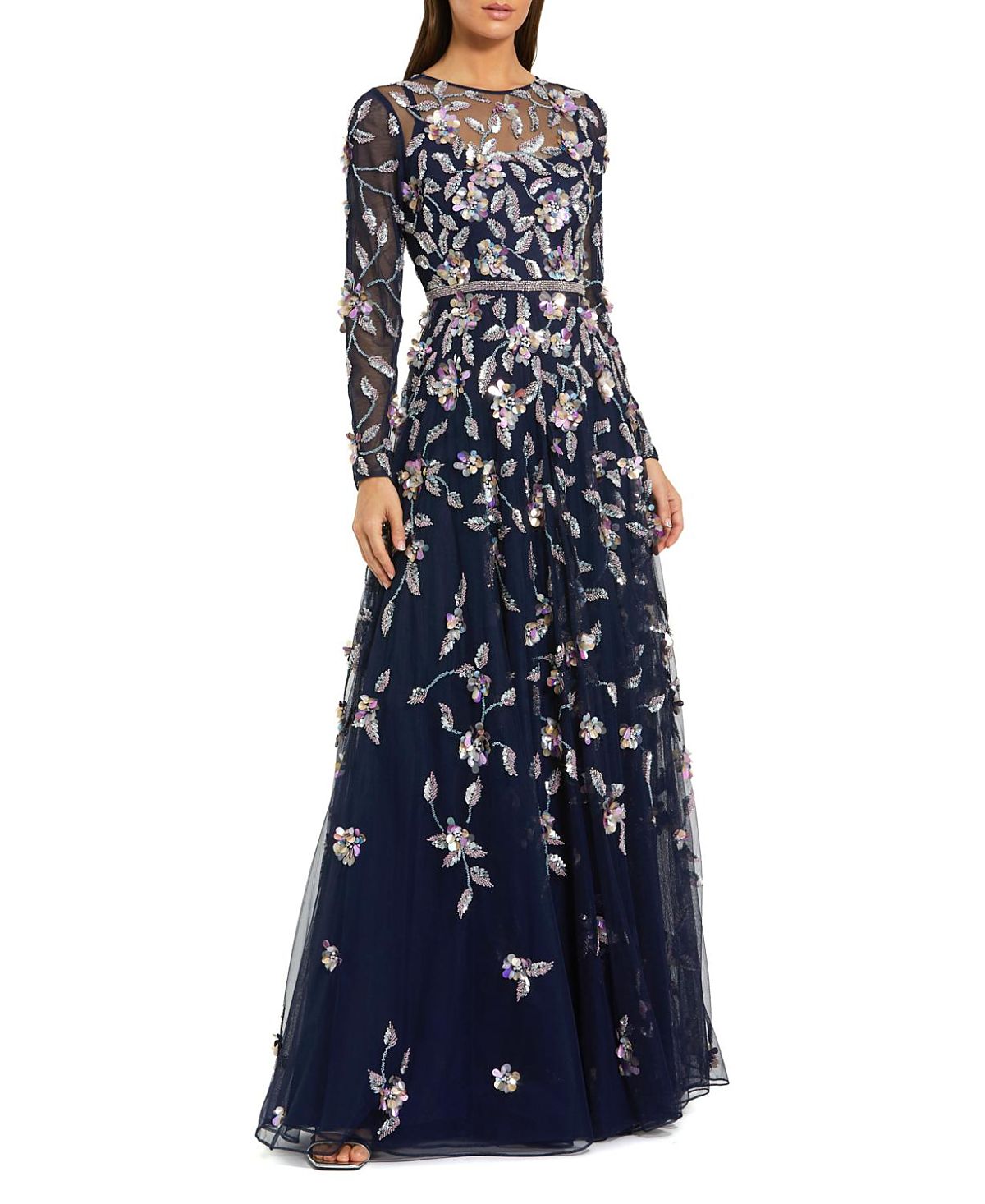Mac Duggal Petite Long Sleeve Mesh Gown with Beaded Floral Applique